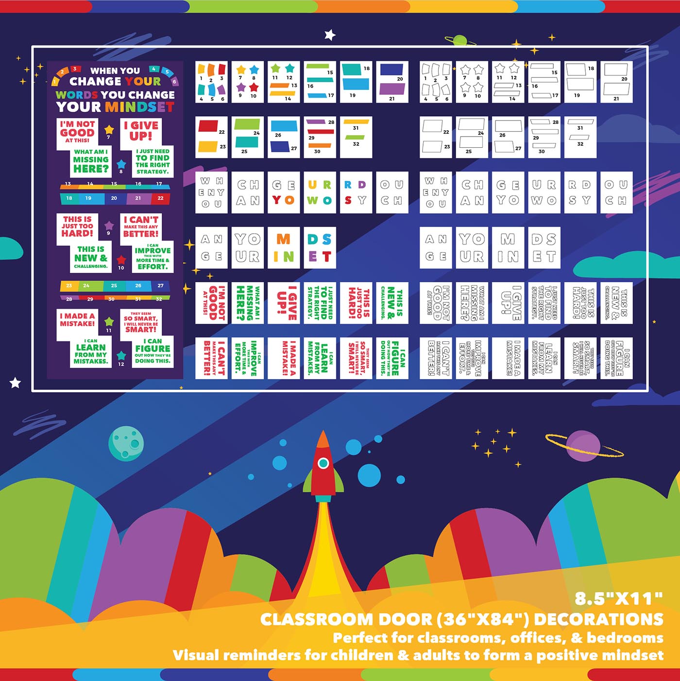 Classroom Door Decoration Kit - Change your Words Change your Mindset Printable Digital Library Sproutbrite 